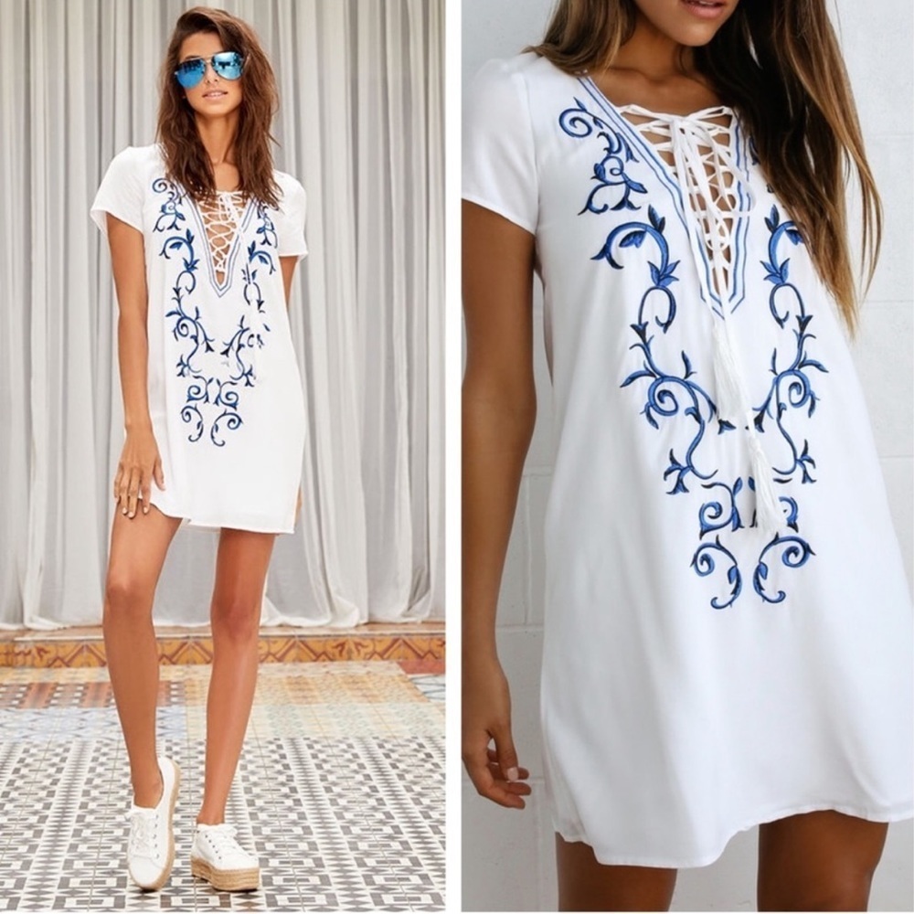 Lulus Down in Kokomo Ivory Embroidered Shift Dress Size S - Picture 2 of 10